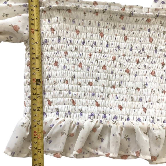 Cottagecore Floral Smocked Crop Top Puff Sleeve Peasant Boho Blouse L - Picture 6 of 9